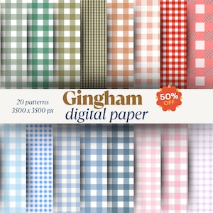May include: A collection of 20 digital gingham paper patterns in various colors, including yellow, green, brown, red, pink, blue, and purple. The patterns are displayed in a grid format, with each pattern showcasing a different color combination. Text reads "Gingham digital paper" and "50% off".