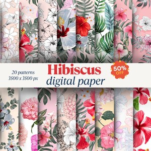 Hibiscus Seamless Digital Paper, Tropical Bright Floral Patterns for Summer Scrapbooking, Hawaiian Flower Backgrounds, Commercial Use