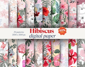 Hibiscus Digital Paper: Tropical Floral Patterns for Scrapbooking (Digital Download)