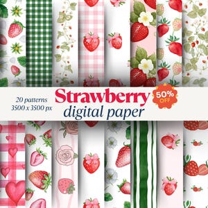 Strawberry Digital Paper Pack, Seamless Cottagecore Patterns, Summer Floral Designs, Scrapbooking, Card Making, Commercial Use