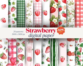Strawberry Cottagecore Digital Paper: Seamless Floral Patterns (Commercial Use)