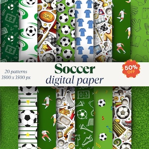 Puede incluir: Una colección de patrones de papel digital con temática de fútbol. Los diseños incluyen balones de fútbol, campos, trofeos e ilustraciones de jugadores. La paleta de colores presenta verde, blanco y azul. El texto dice "Soccer digital paper" y "50% OFF".