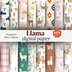 Könnte beinhalten: Eine Sammlung von 20 digitalen Papiermustern mit Lamas, Kakteen und geometrischen Designs. Die Farbpalette umfasst Beige, Rosa und Türkis. Der Text "Llama digital paper" wird mit einem "50% OFF"-Aufkleber angezeigt.