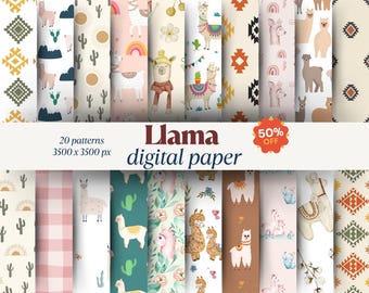 Puede incluir: Una colección de 20 patrones de papel digital con llamas, cactus y diseños geométricos. La paleta de colores incluye beige, rosa y verde azulado. El texto "Llama digital paper" se muestra con una pegatina "50% OFF".
