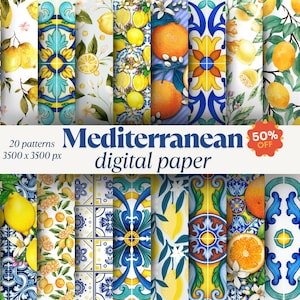 Mediterranean Tile, Lemon Digital Paper Pack, Blue, Yellow Watercolor Azulejo Patterns, Seamless Ceramic Tile, Scrapbooking, Commercial Use