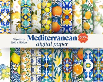 Papel digital de azulejos mediterráneos de limón: Azulejo azul y amarillo (uso comercial)