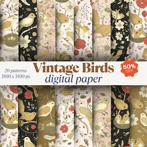 Vintage Bird Digital Paper, Printable Junk Journal, Floral Scrapbook, Antique Spring Flowers, Ephemera, Rustic Textures, Instant Download