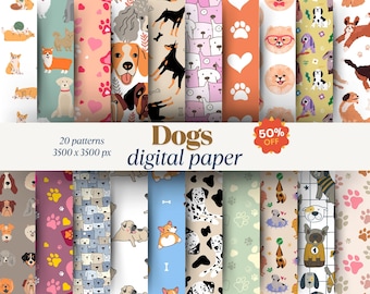 Pacchetto di carta digitale per cani: impronte di zampe e motivi di ossa (download immediato)