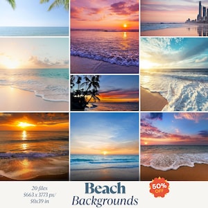 May include: A collection of nine beach background images featuring various sunset and sunrise scenes. The images showcase ocean waves, sandy shores, and colorful skies with hues of orange, pink, and blue. Text on the image reads "Beach Backgrounds".