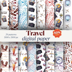 Peut inclure: Une collection de 20 motifs de papier numérique sur le thème du voyage. Les motifs incluent des passeports, des appareils photo, des avions, des bagages et des timbres. Le texte "Travel digital paper" est affiché, avec une promotion de 50 %.