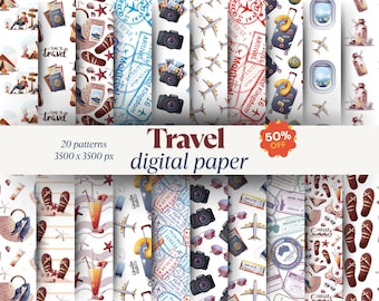Travel Digital Paper Pack: Adventure Scrapbook Patterns (JPG, 12x12)