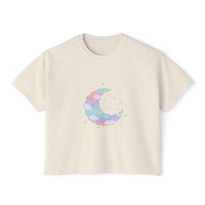 Dreamy Moon Women's Boxy Tee, Relaxed Fit T-Shirt, Pastel Graphic Top, Casual Wear, Gift for Her, Summer Essential