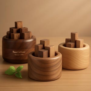 Op de afbeelding: Drie houten puzzeldozen met ingewikkelde houten puzzels erin. De dozen zijn gemaakt van walnoot hout en hebben een natuurlijke afwerking. De puzzels zijn gemaakt van kleinere houten blokken die op verschillende manieren kunnen worden gerangschikt.