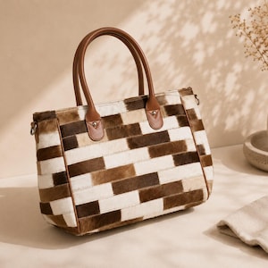 May include: A handbag featuring a patchwork design of rectangular panels in shades of dark brown, medium brown, and cream. The bag has two brown leather handles attached with silver-toned metal rivets and a rectangular base structure.