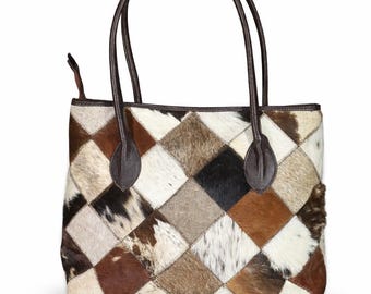 Patchwork Cowhide Tote Bag | Western Style Handbag | Hair on leather totes