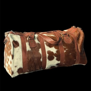 Chic White and Tan Duffle Bag | Cowhide Travel Duffle Bag | hair on hide Duffle Bag |Cowhide Gym & Travel Duffle Bag | Leather duffle Bag