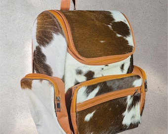 Mochila para pañales de piel de vaca rústica / Bolso de piel con pelo / Bolsos de cuero para viajes y escuela