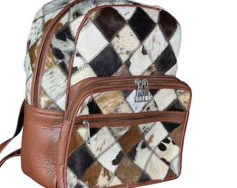 Zaino patchwork in pelle di mucca fatto a mano / Borsa per pannolini in pelle western / Zaini con pelo in pelle