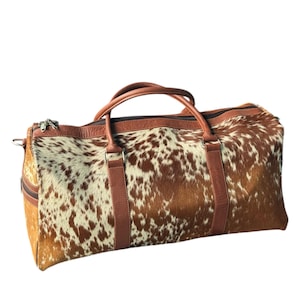 Chic White and Tan Duffle Bag | Cowhide Travel Duffle Bag | Hair on hide Duffle Bag | Gym & Travel Duffle Bag | Leather duffle bag