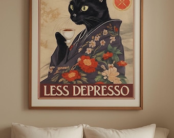 Tabby cat in robe, Japanese home decor, Japan art print, Aesthetic wall art, Neutral minimalist poster