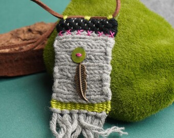 Handmade woven tassel pendant necklace suede cord, Loom tapestry, mini weaving, textile jewelry, gifts for her, boho, tribal, gift for women