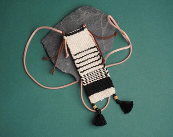 Handmade woven tassel pendant necklace suede cord, Loom tapestry, mini weaving, textile jewelry, gifts for her, boho, tribal, gift for women