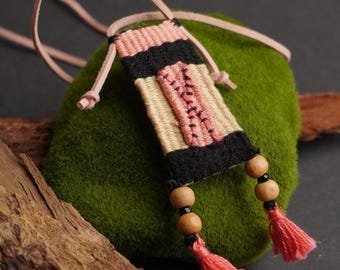Handmade woven tassel pendant necklace suede cord, Loom tapestry, mini weaving, textile jewelry, gifts for her, boho, tribal, gift for women