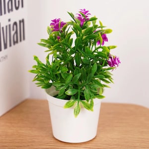 Può includere: Una piccola pianta artificiale in vaso bianco, con foglie verdi brillanti e fiori viola e bianchi. Il vaso è cilindrico. Questa pianta decorativa è adatta per aggiungere un tocco di natura a qualsiasi stanza.