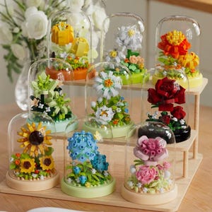May include: A collection of colorful, miniature flower arrangements encased in glass domes. The flowers, in shades of yellow, orange, red, white, blue, and pink, are displayed on small wooden shelves. Each arrangement is unique, showcasing different floral designs.