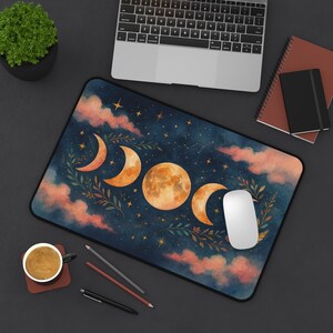 Boho Moon Desk Mat, Celestial Desk Pad, Moon Phase Desk Mat, Aesthetic Office Decor, Spiritual Gift, Large Mouse Pad, Lunar Desk Decor