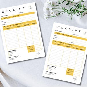May include: Two white receipts with a yellow header and details section. The receipts have sections for customer details, products/services, and payment methods. The word "RECEIPT" is at the top.