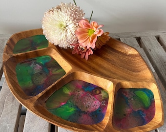 Vintage Wood Resin Divided Platter | Psychedelic Swirl Charcuterie Board, Boho Decor