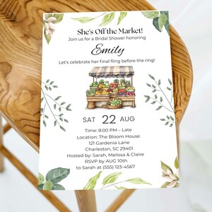 Sie ist aus dem Markt Brautparty-Einladung, Brautparty einladen, Brautdusche, sie ist frisch vom Markt, Markt-Warenkorb, Brautblumen