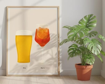 Beer and Aperol Print , His and Hers Poster, Alcohol Prints, Aperol Spritz Print, Kitchen Decor Art, House warming Gift A1/A2/A3/A4/A5