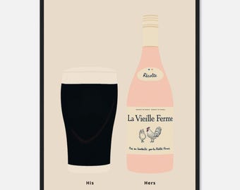 Irish Stout and Chicken Wine Print, His and Hers Poster, Alcohol Prints, Wine Art Print, Split the G Print, House warming Gift A1/A2/A3/A4