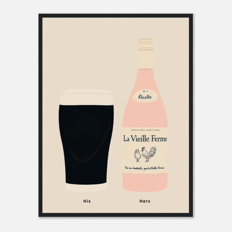Irish Stout and Chicken Wine Print, His and Hers Poster, Alcohol Prints, Wine Art Print, Split the G Print, House warming Gift A1/A2/A3/A4 image 1