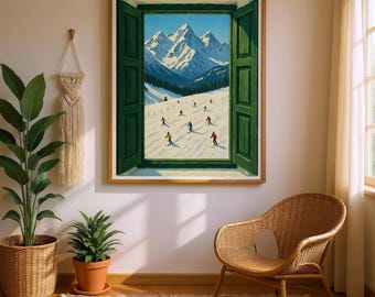 Alps Skiing Window View Art Print, Alps Skiing Print, Travel Prints, Skiing Print, Holiday Print, Mountains Landscape Scenery A1/A2/A3/A4/A5