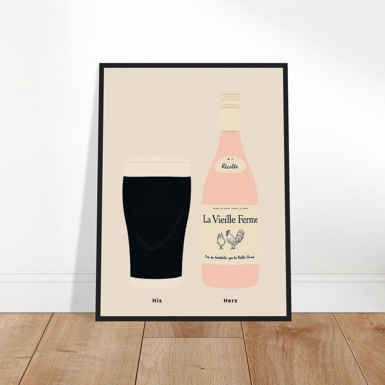 Irish Stout and Chicken Wine Print, His and Hers Poster, Alcohol Prints, Wine Art Print, Split the G Print, House warming Gift A1/A2/A3/A4 image 2