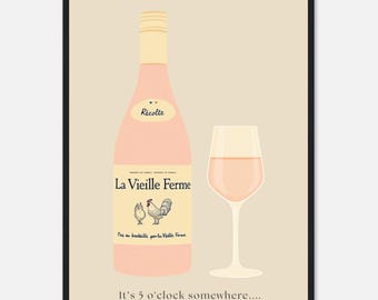 Chicken Wine Print , Its 5 o'clock Somewhere Print, His and Hers Poster, Alcohol Prints, Wine Print, House warming Gift A1/A2/A3/A4/A5