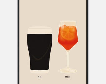 Irish Stout and Aperol Print, His and Hers Poster, Alcohol Prints, Aperol Spritz Print, Split the G Print, House warming Gift A1/A2/A3/A4/A5