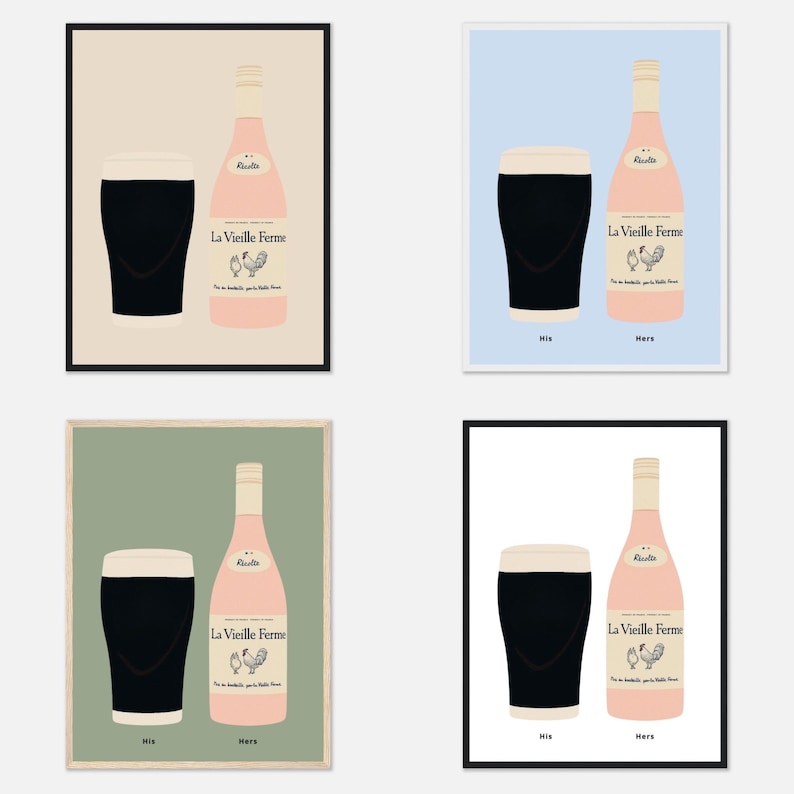 Irish Stout and Chicken Wine Print, His and Hers Poster, Alcohol Prints, Wine Art Print, Split the G Print, House warming Gift A1/A2/A3/A4 image 3