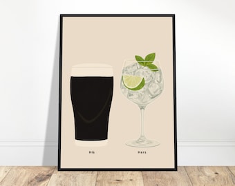 Stout and Gin Print, His and Hers Poster, Alcohol Prints, Gin & Tonic Print, Split the G Print, House warming Gift A1/A2/A3/A4/A5