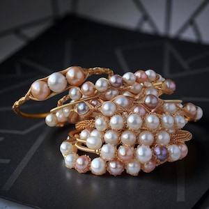 Wire-Wrapped Freshwater Pearl Bracelet: Gold & Silver Adjustable Bangle