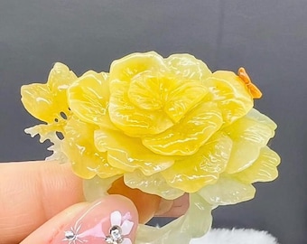 Hand Carved Natural Yellow Jade  Flower Ring: Custom Artisan Genuine Gemstone Jewelry