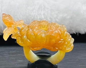 Hand Carved Natural Jade Yellow Flower Ring: Artisan Gemstone Jewelry