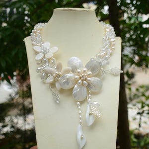 Freshwater Pearl & Shell Flower Necklace: Bridal Choker, 45cm