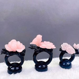 Hand Carved Ring Natural Pink Jade Bird and Flower Ring, AAA Grade Jade Flower Ring, Genuine Pink and Black Jade, Custom Hand Made Jade Flower and Bird Ring
