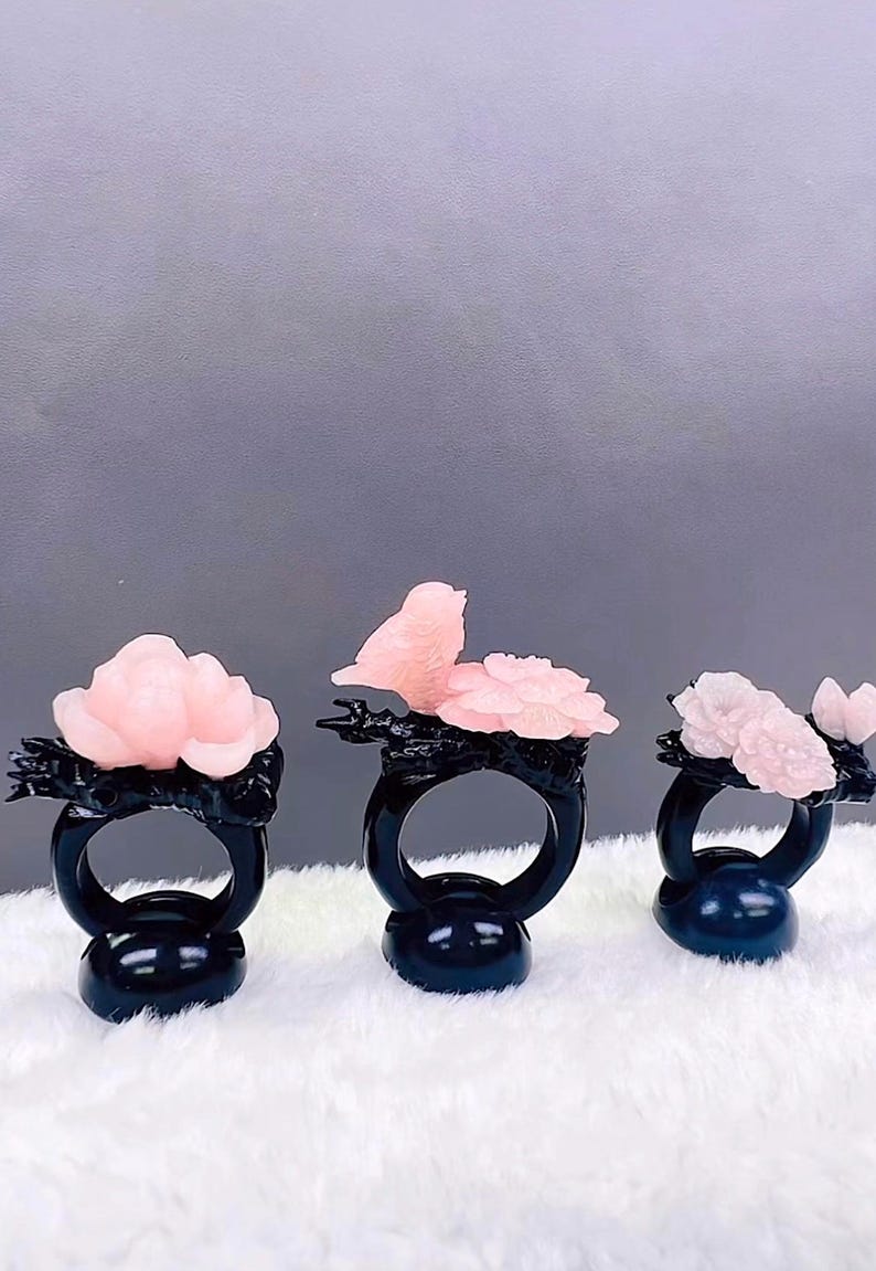 Hand Carved Ring Natural Pink Jade Bird and Flower Ring, AAA Grade Jade Flower Ring, Genuine Pink and Black Jade, Custom Hand Made Jade Flower and Bird Ring