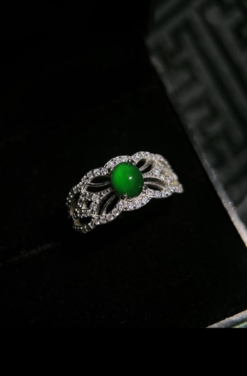 Natural Type AAA Full Green Jadeite Jade Adjustable Ring, Lace Inspired Elegant Design Real Jadeite Jade Ring For Women, Special Ring Gift For her