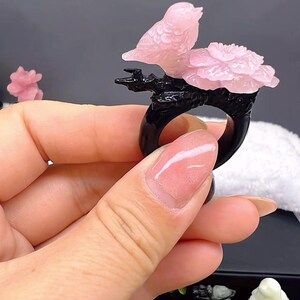 Hand Carved Ring Natural Pink Jade Bird and Flower Ring, AAA Grade Jade Flower Ring, Genuine Pink and Black Jade, Custom Hand Made Jade Flower and Bird Ring